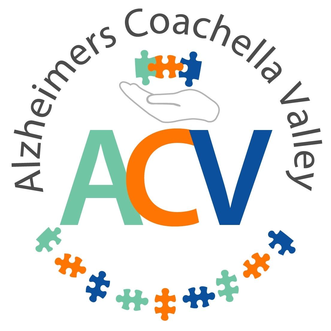 Alzheimer's Coachella Valley logo with colorful ACV letters, a hand icon, and puzzle pieces in a circle