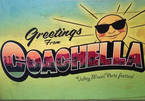 Greetings from Coachella postcard with a smiling sun wearing sunglasses.