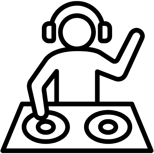 DJ with headphones, mixing music on a console, raising one arm.