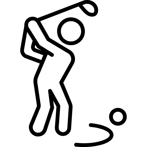 Golfer swinging club, hitting golf ball into a hole.