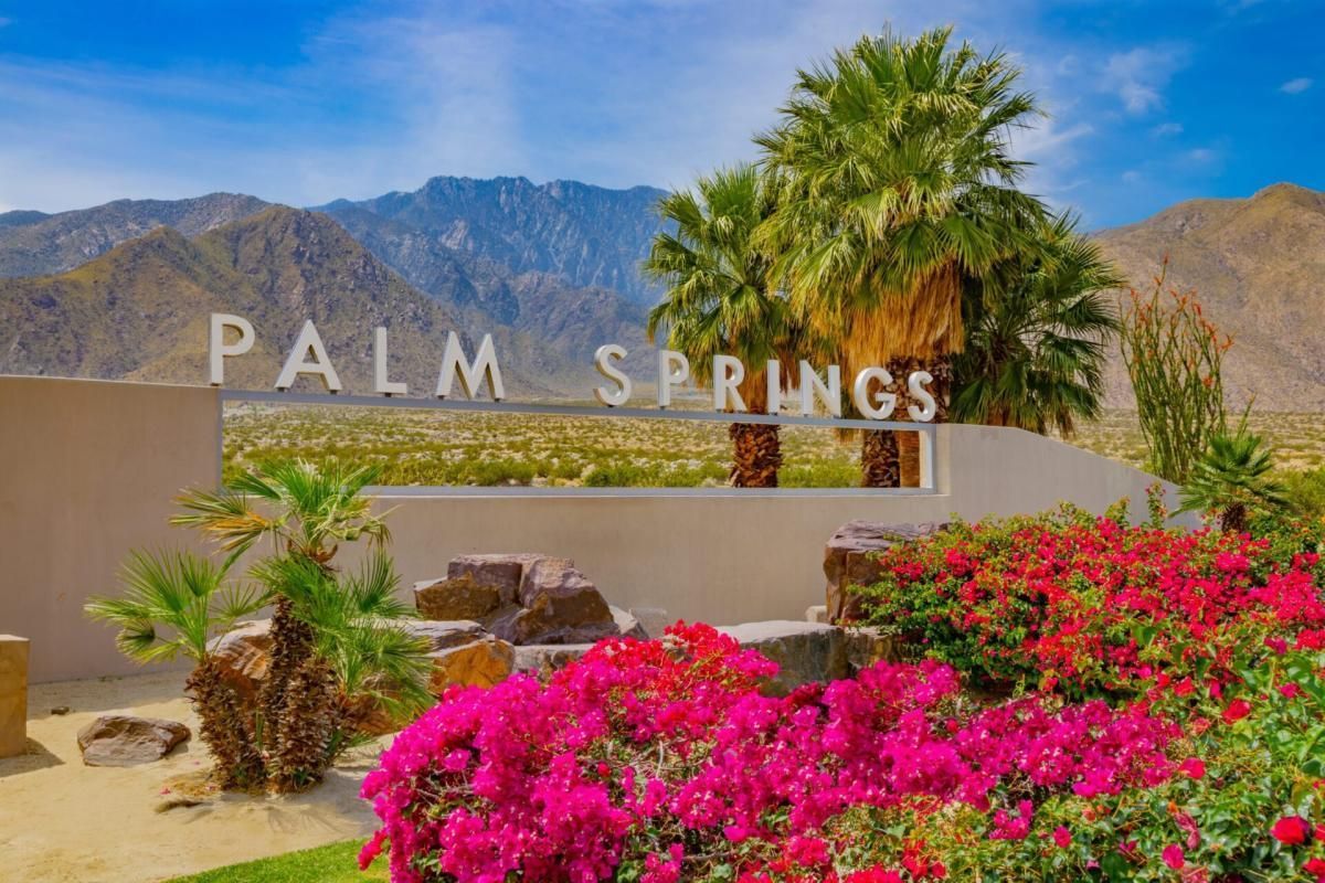 "Palm Springs" sign with desert landscape, mountains, and bright pink flowers.