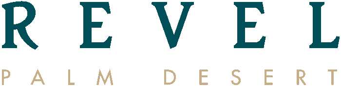 REVEL Palm Desert logo in teal and gold text on a light background