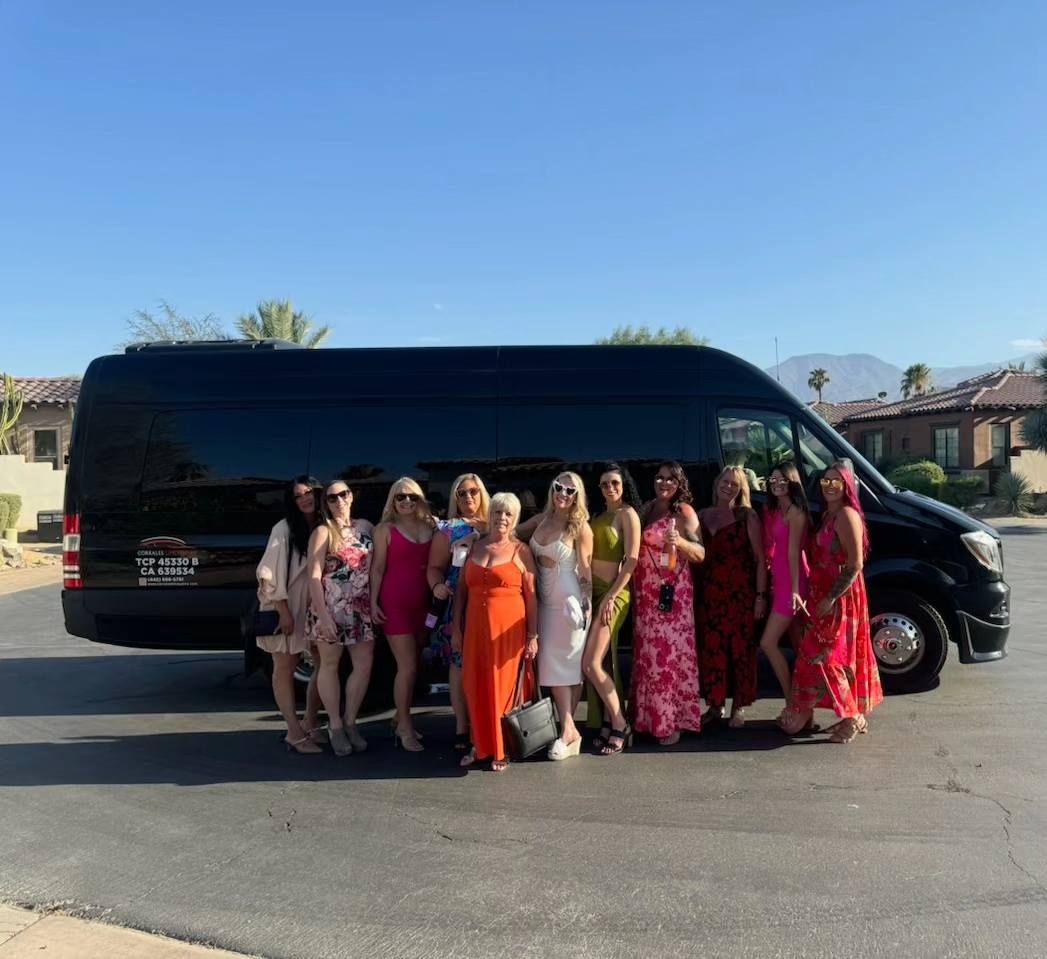 A group of women are posing for a picture in front of a van.