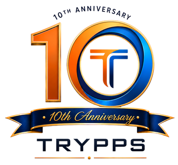 TRYPPS 10th anniversary logo with orange-blue “10” and ribbon banner on white background