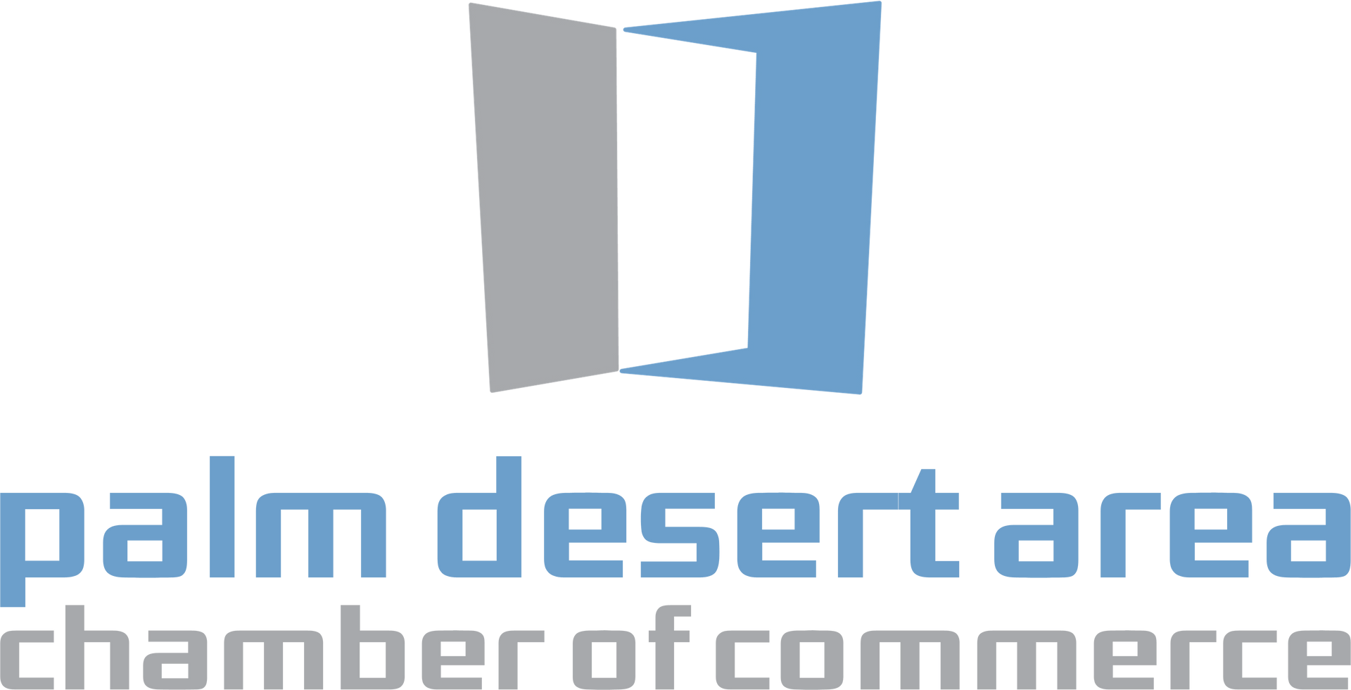 Logo for the Palm Desert Area Chamber of Commerce: stylized open door in blue and gray, with text below.