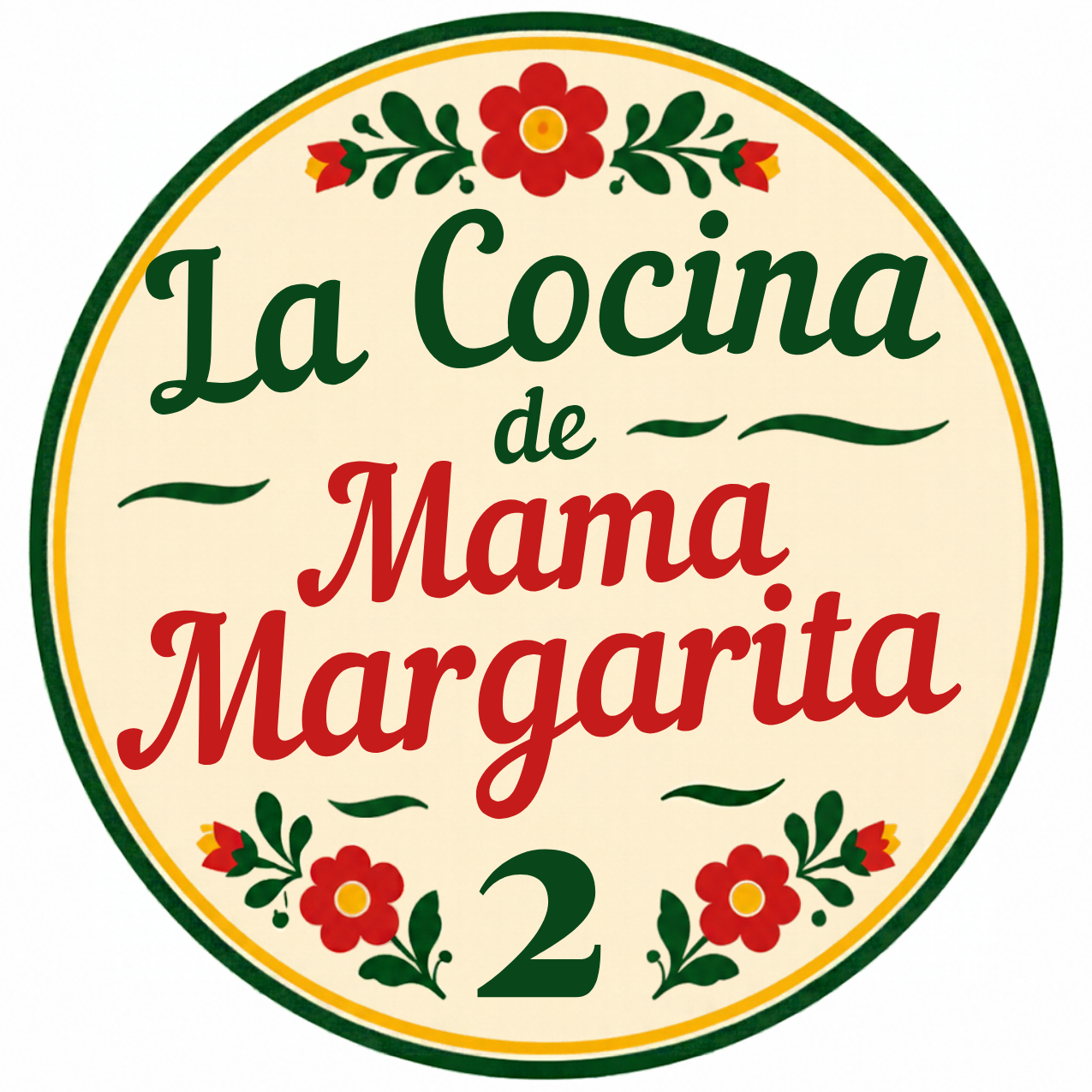 Round cream logo with green and red floral accents reading “La Cocina de Mama Margarita 2”