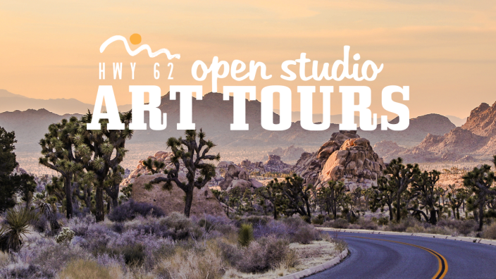 "Hwy 62 Open Studio Art Tours logo over desert landscape with road and Joshua trees."