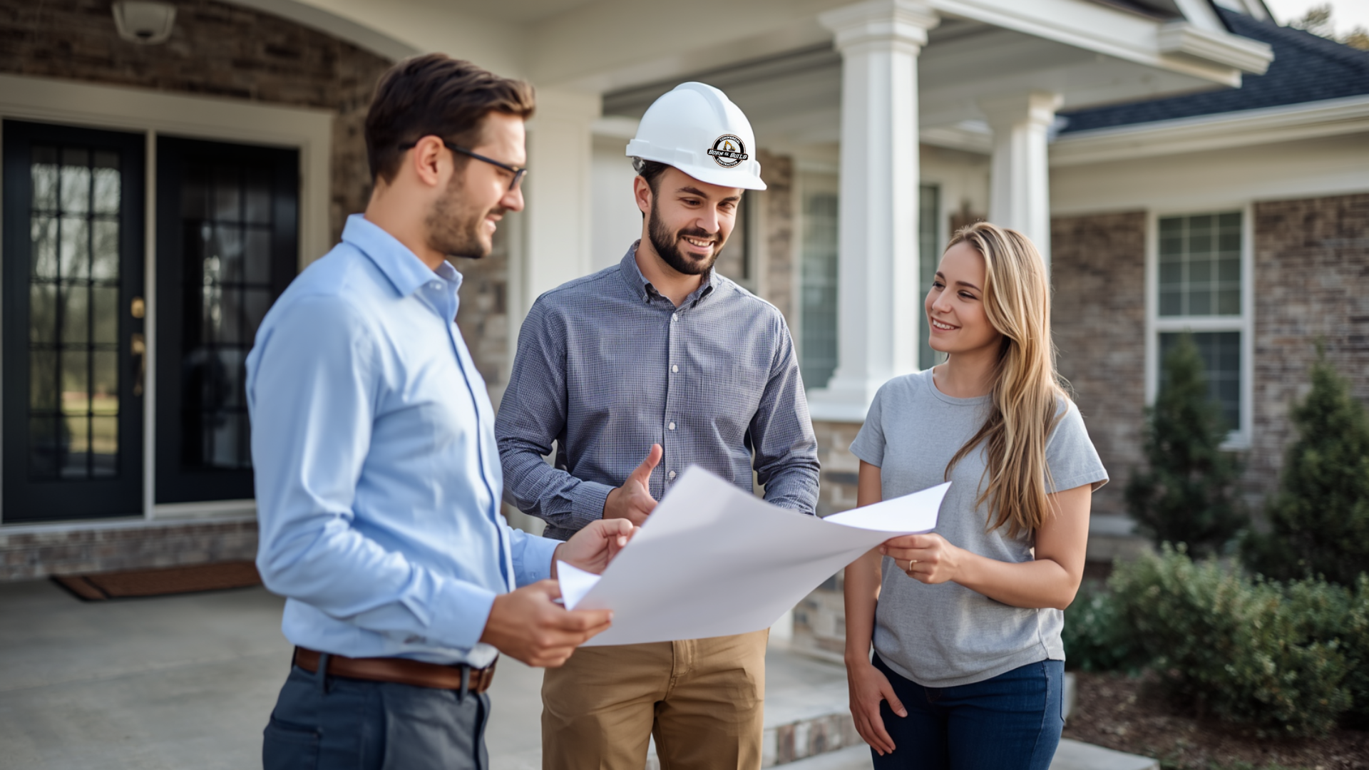 Three people reviewing house plans outside a suburban home, with one wearing a hard hat.