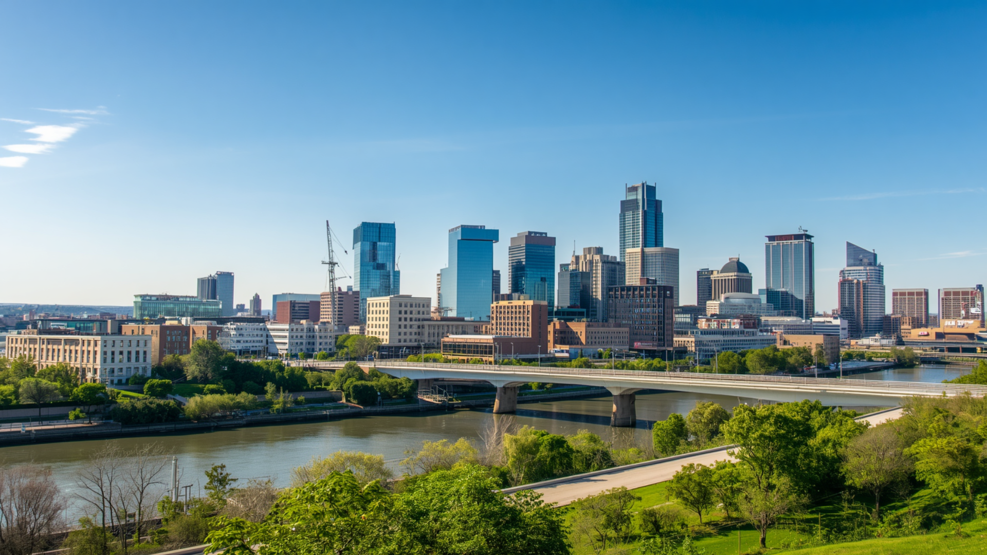 City skyline with modern buildings beside a river under a clear blue sky, viewed from a green riverside bank