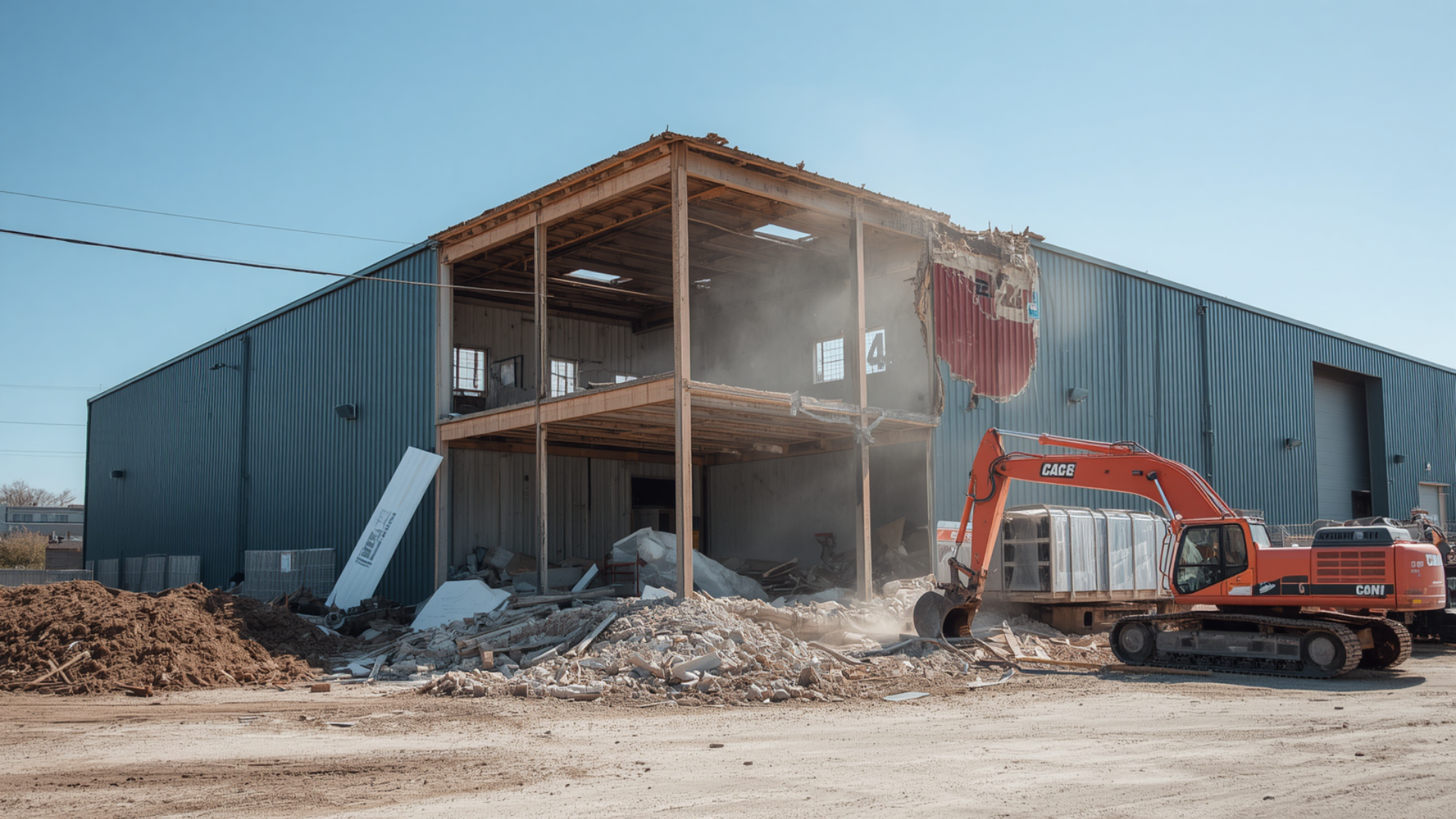 Excavator demolishing a blue industrial building with debris flying in a dusty construction site