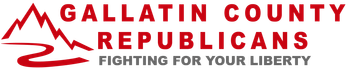 Gallatin County Republicans logo with red mountain outline and slogan &ldquo;Fighting for Your Liberty&rdquo;