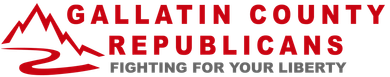 Gallatin County Republicans logo with red mountain outline and slogan &ldquo;Fighting for Your Liberty&rdquo;