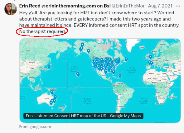Tweet screenshot with world map showing healthcare policy map in blue and white.