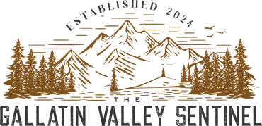 Gallatin Valley Sentinel logo with mountains, pine trees, and “Established 2024” in brown