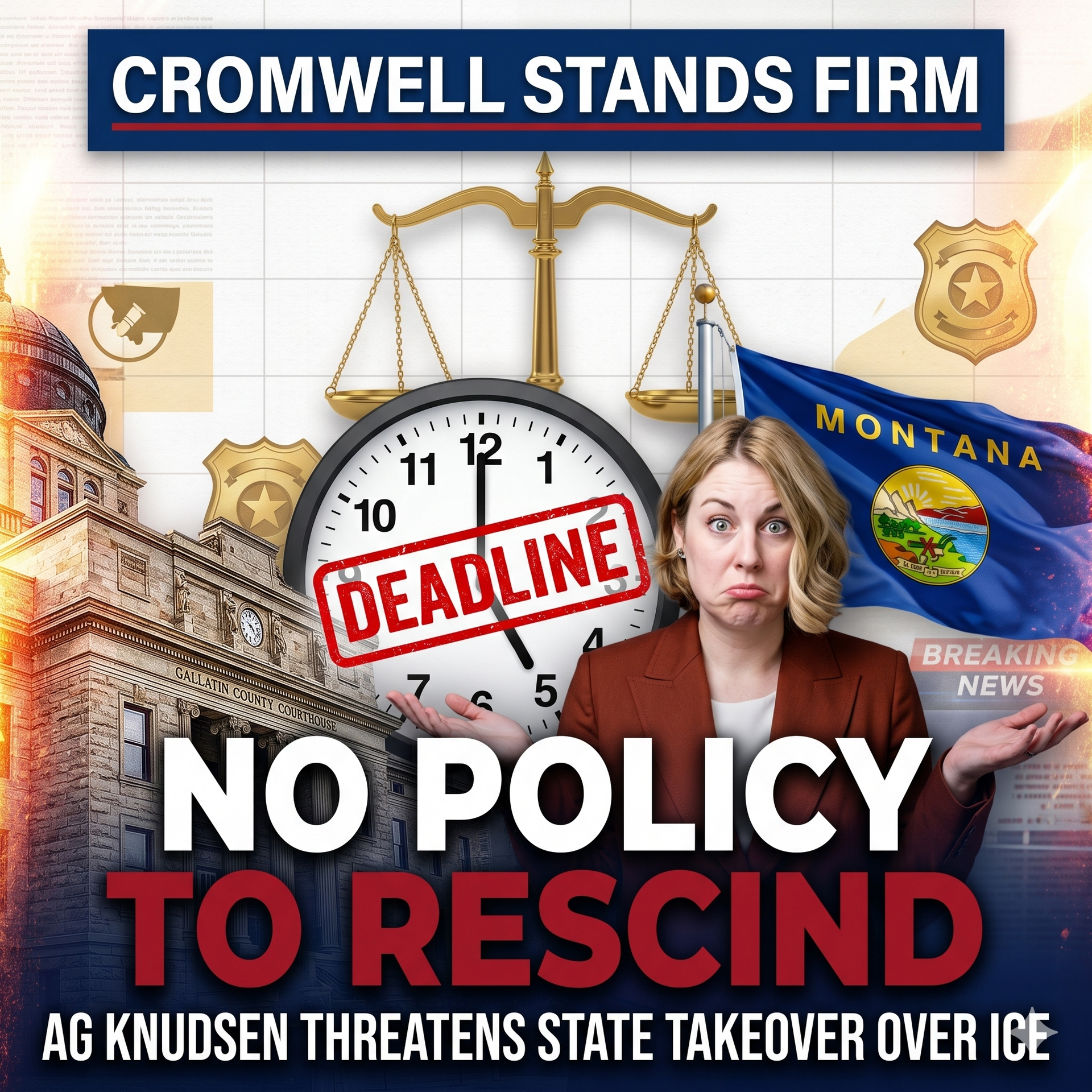 Montana news graphic: courthouse scales, clock marked deadline, woman shrugging, and text “NO POLICY TO RESCIND”