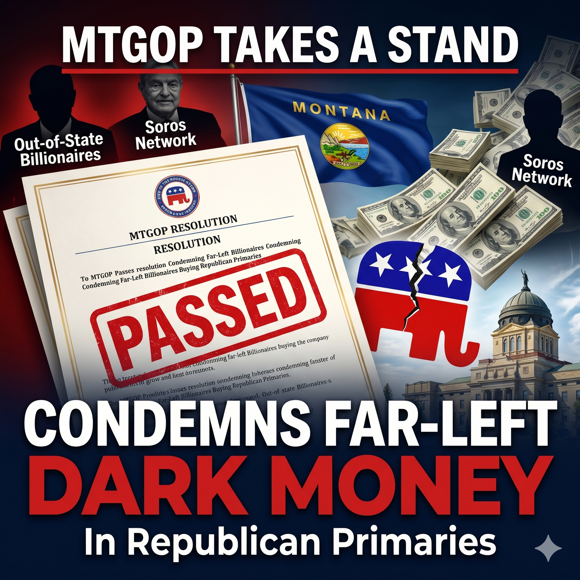 Political graphic saying “MT GOP takes a stand” and “condemns far-left dark money” with a “PASSED” stamp.