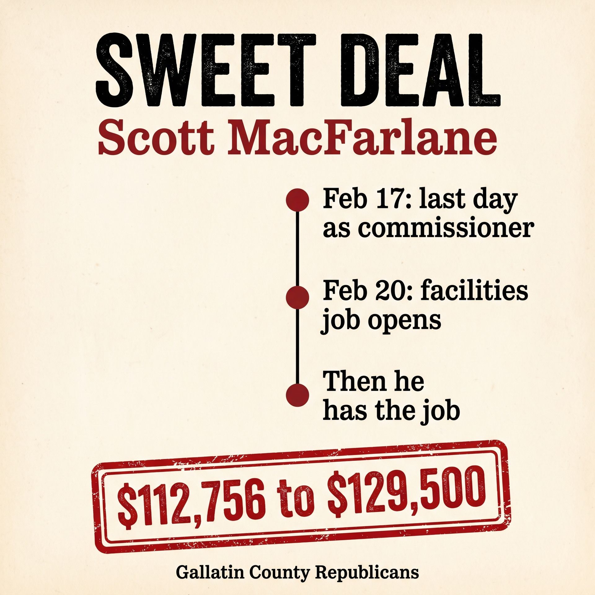 Sweet deal for Scott MacFarlane? Facilities job opened three days later.