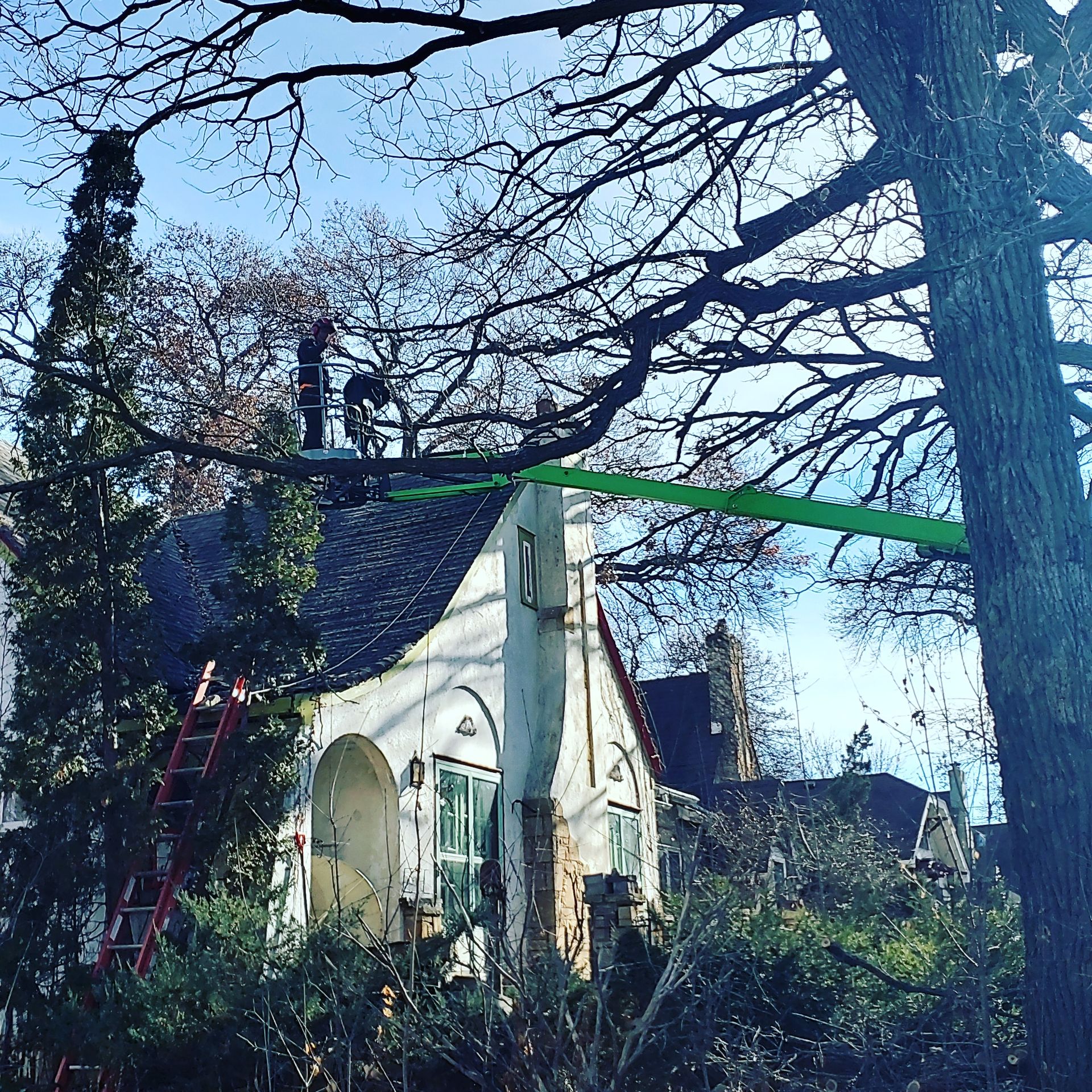 A man on a ladder is working on the roof of a house - Shakope, MN - Your Tree Guy, LLC