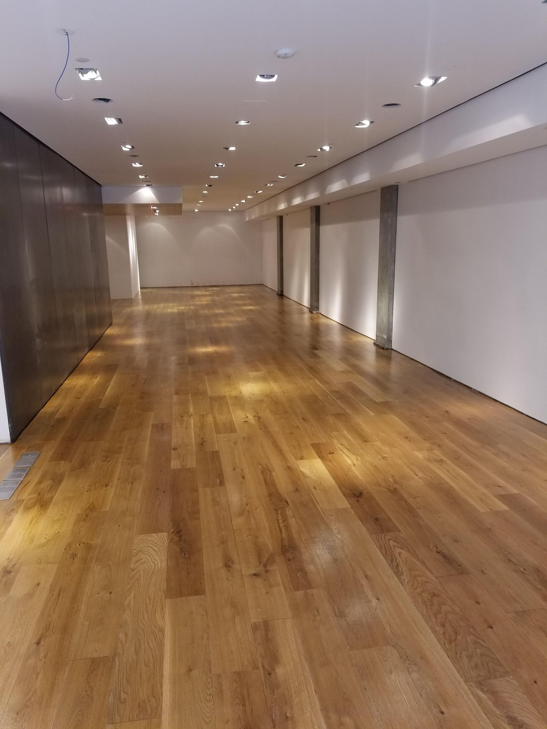 Empty modern hallway with wooden floor, white walls, and ceiling spotlights