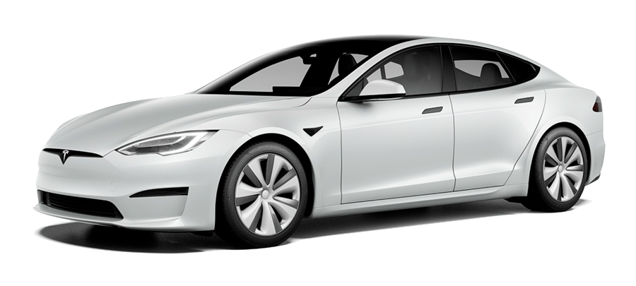 Sedã elétrico Tesla branco, visto de frente em perfil de três quartos, sobre fundo branco.