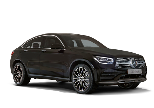 SUV Mercedes-Benz preta sobre fundo branco, vista frontal em três quartos.