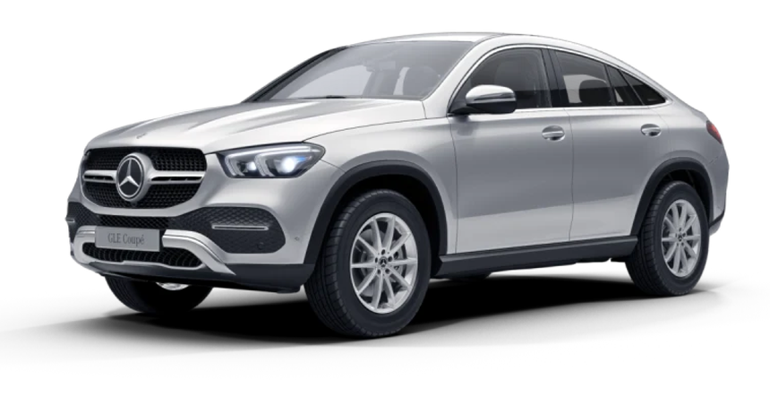 SUV Mercedes-Benz prateada sobre fundo branco, vista frontal esquerda.