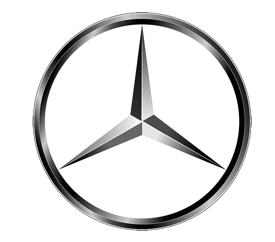 Logotipo da Mercedes-Benz com a estrela de três pontas em um círculo prateado sobre um fundo branco.