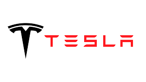 Logotipo da Tesla com emblema preto e inscrição vermelha sobre fundo branco.