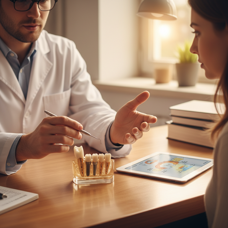 Doctor explaining a dental treatment plan to a patient at a desk with tooth models and a tablet