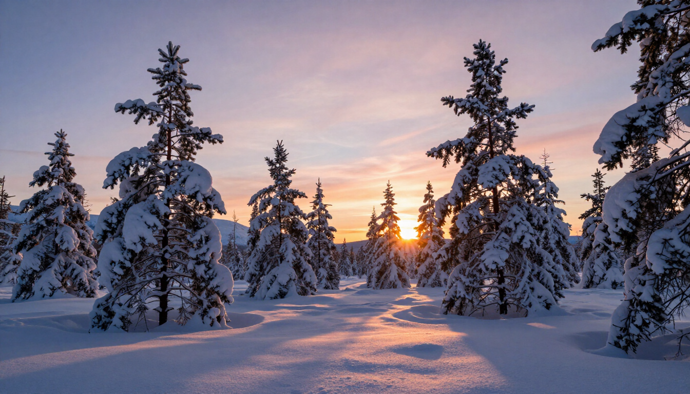 Snowy winter forest in Finnish Lapland at sunset