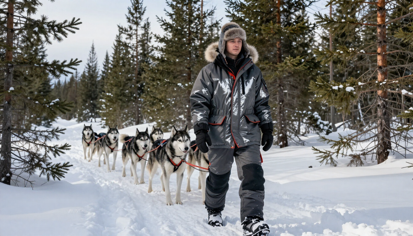 A traveler in professional Arctic winter gear standing in a snowy Finnish forest.