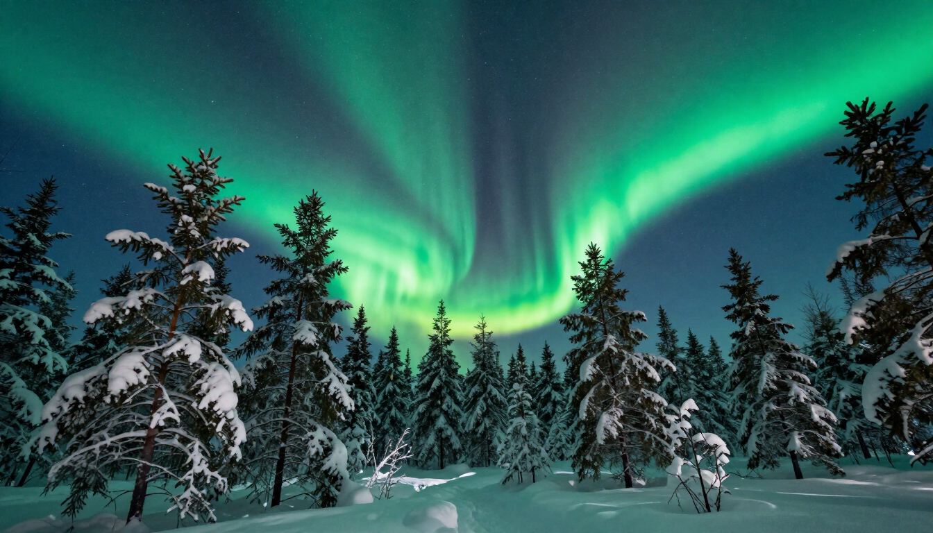 Vibrant Northern Lights in Finnish Lapland night sky