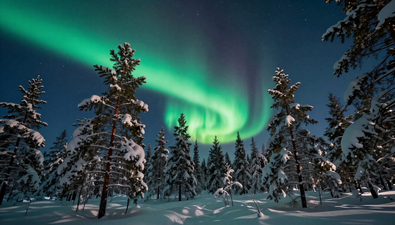 Aurora over a snowy forest
