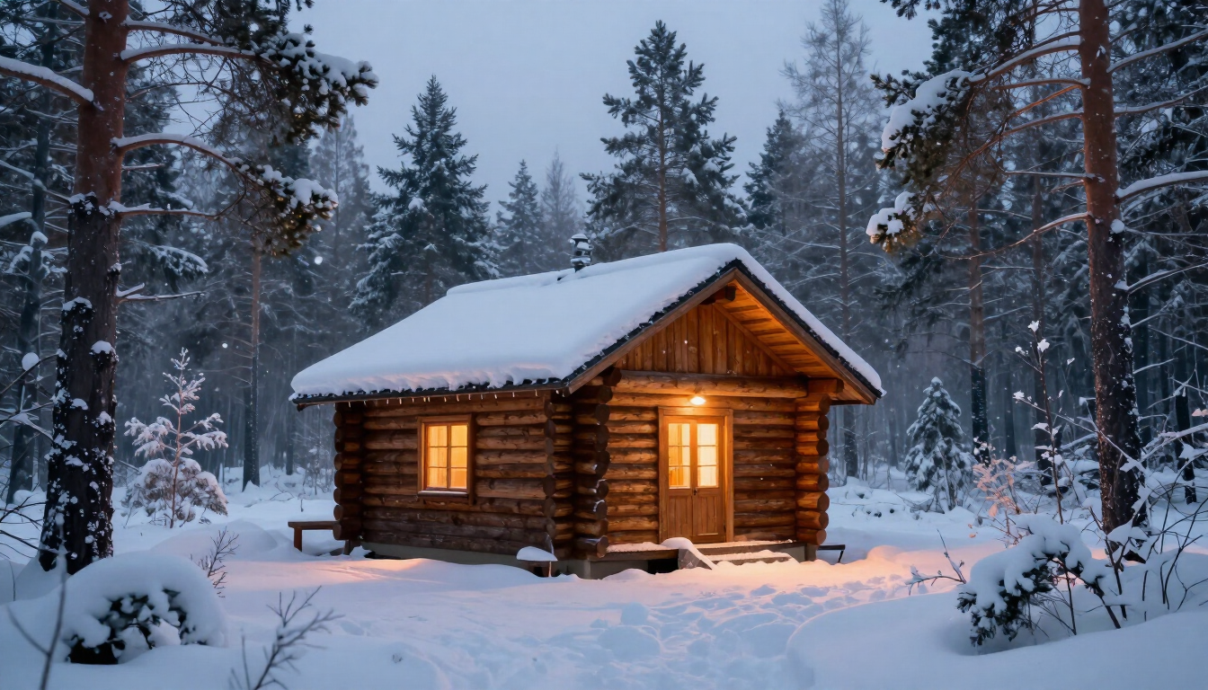 A cozy log cabin in the snowy Lapland wilderness under a starry sky.