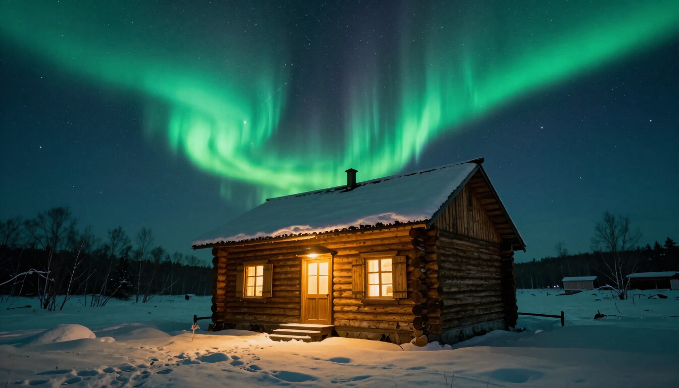 Log cabin under the Northern Lights