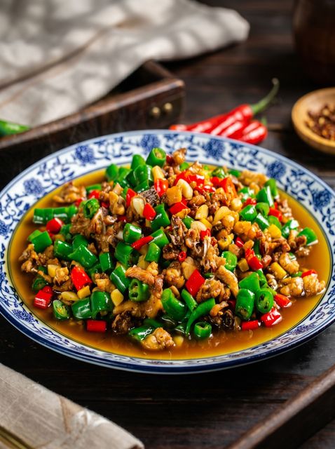 Spicy stir-fried dish with green and red peppers on a blue patterned plate