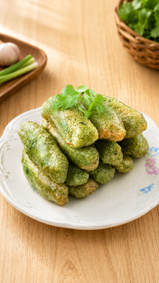 Plate of green sugar-dusted pastries on a wooden table