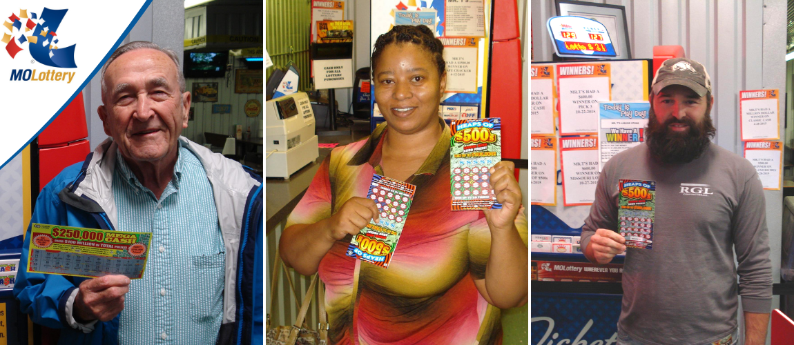 Three people indoors holding lottery tickets, with a lottery display and promotional posters behind them.