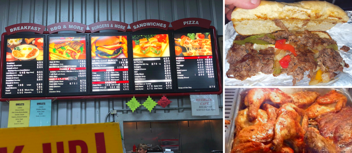 Fast-food menu board above a counter, with photos of sandwiches, burgers, and fried chicken