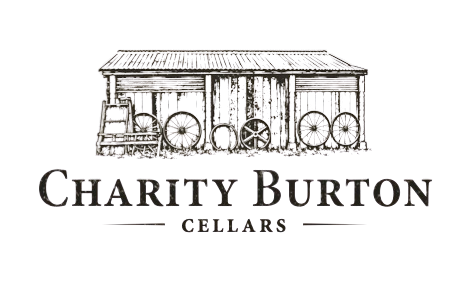 Charity Burton Cellars logo with a sketched wine barn and barrels above the text