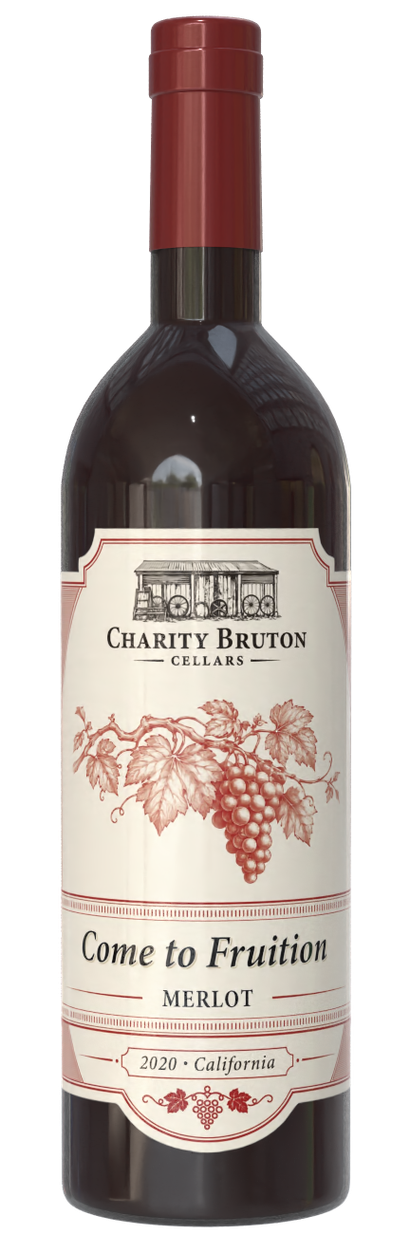 Bottle of red wine labeled “Love to Fruition,” with a beige label and burgundy cap.
