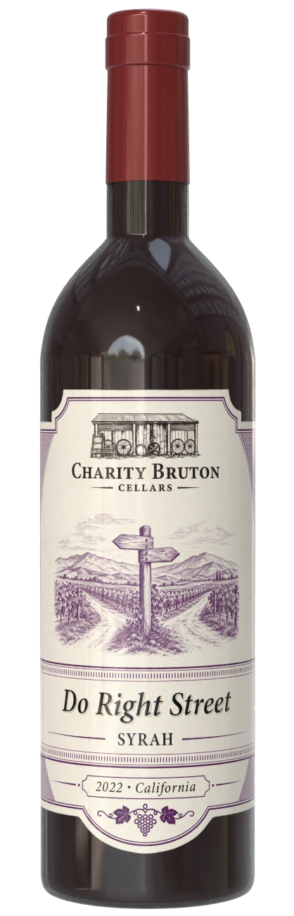 Bottle of De Right Street Syrah wine with a red cap and white label featuring a purple vineyard illustration