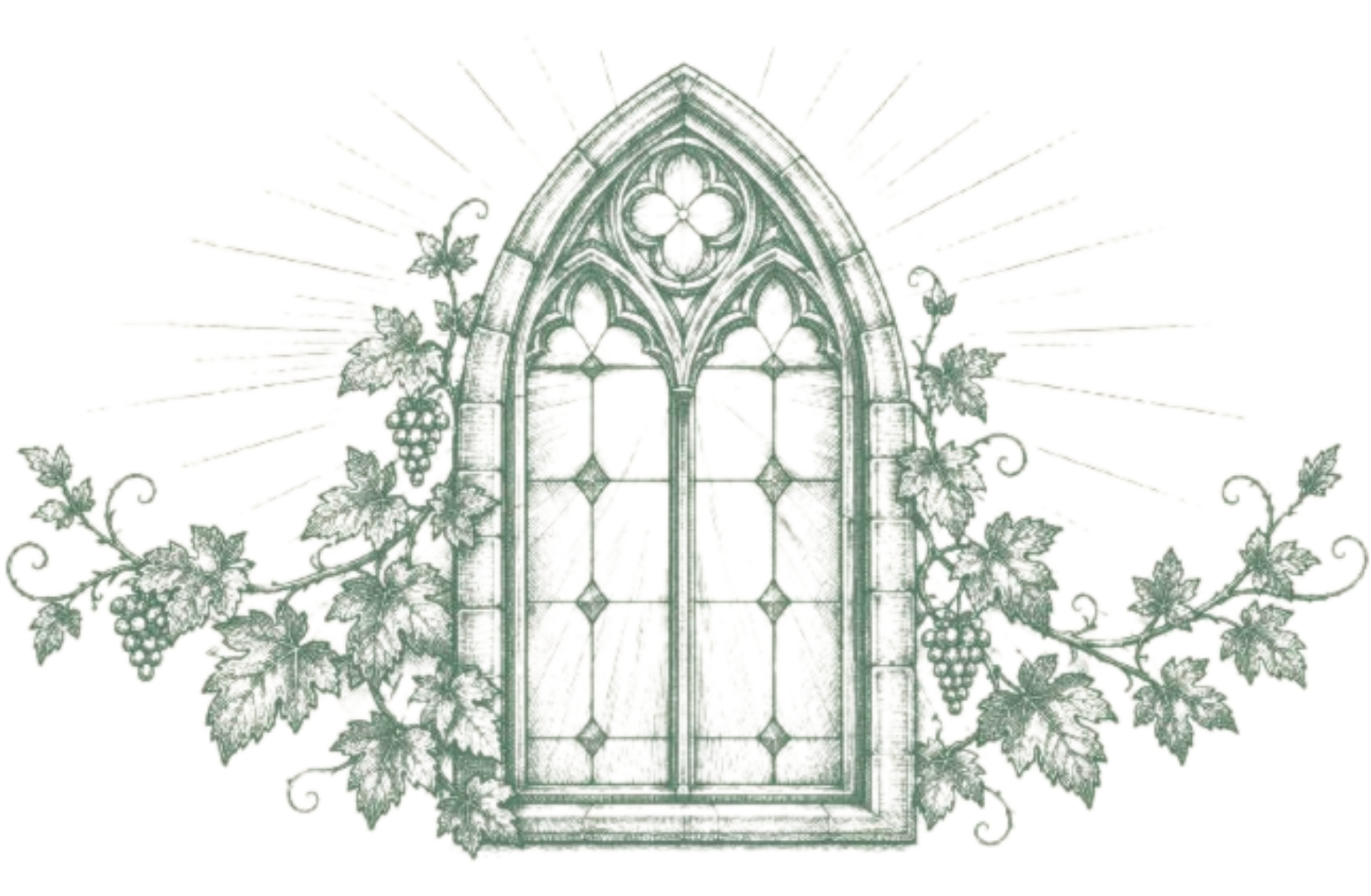 Ethereal arched stained-glass window with green vines and delicate floral scrollwork