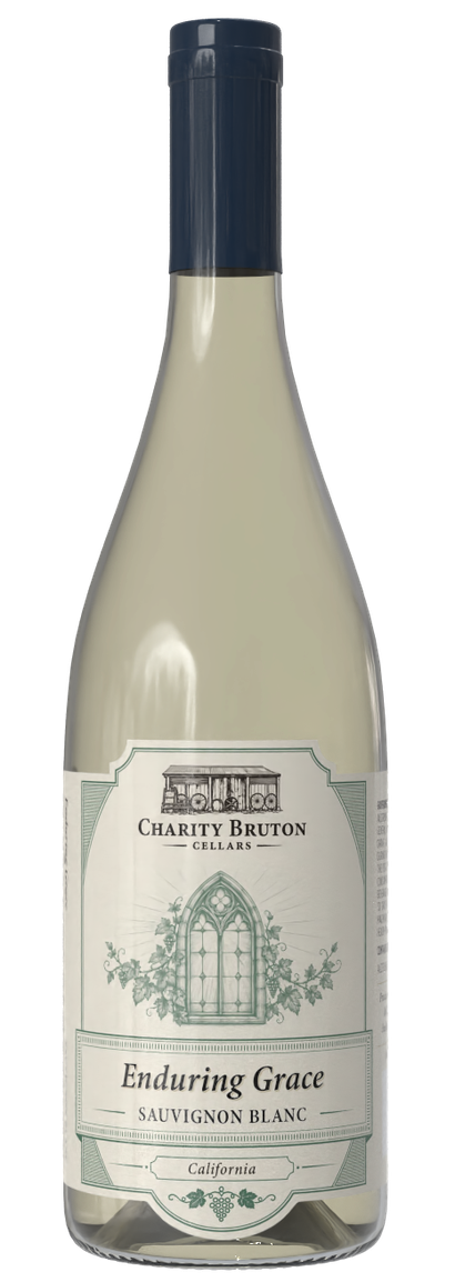 Bottle of white wine with a dark blue cap and cream label on a plain background