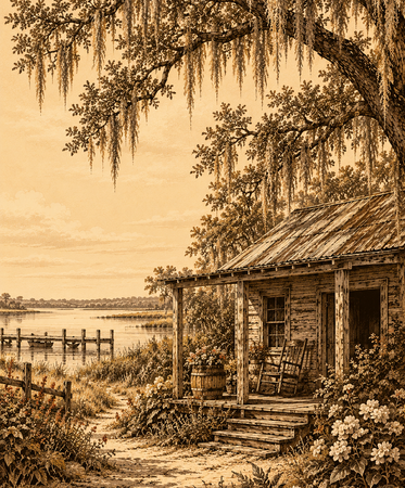 Sepia-toned rural cabin by a river at sunset, with a porch, trees, and a wooden fence