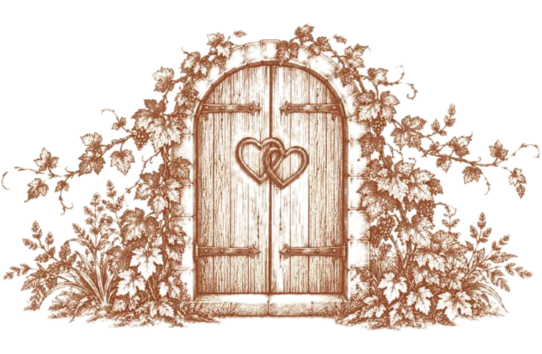 Rustic wooden arched door with heart carving, surrounded by delicate floral vines in soft brown tones