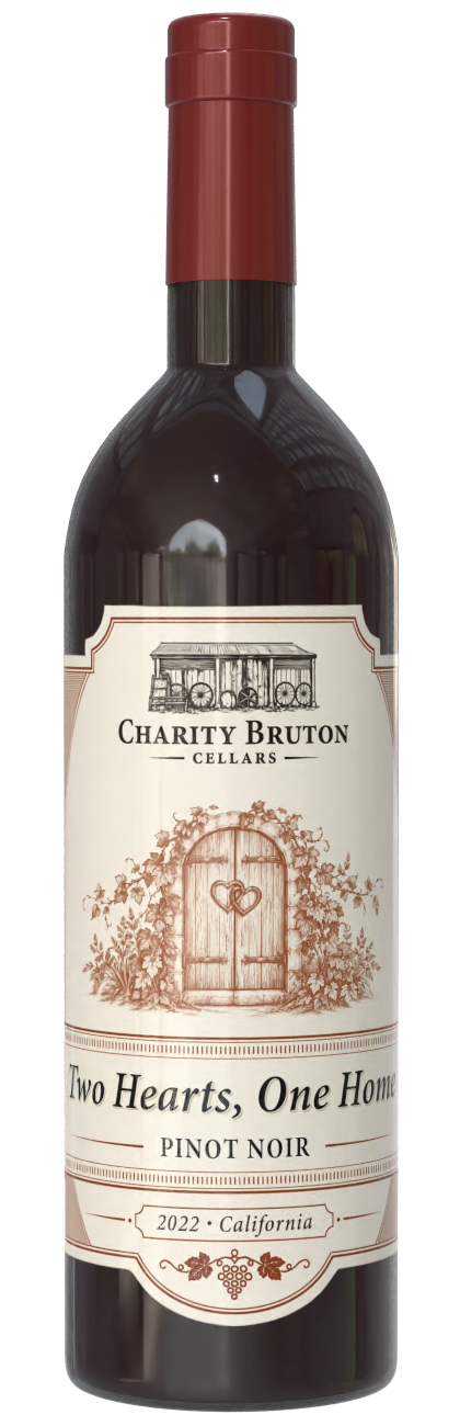 Red wine bottle with cream label and red cap, labeled “True Hearts, One Wine” by Charlotte B…