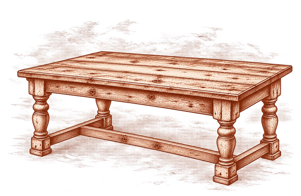 Rustic wooden dining table with turned legs and a sturdy crossbar, shown in a sketch style.