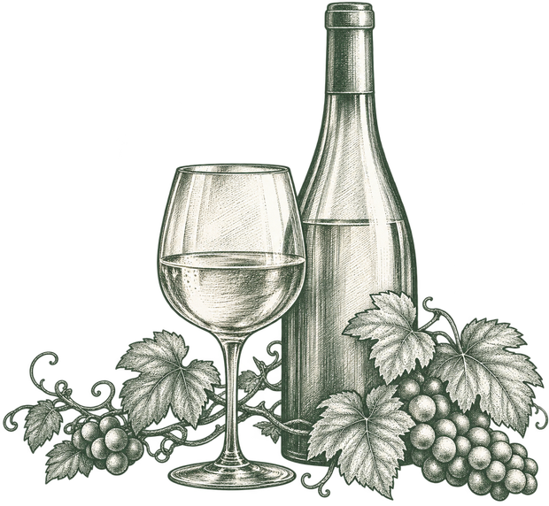 Wine bottle and glass with grape clusters and vine leaves in a vintage sketch style
