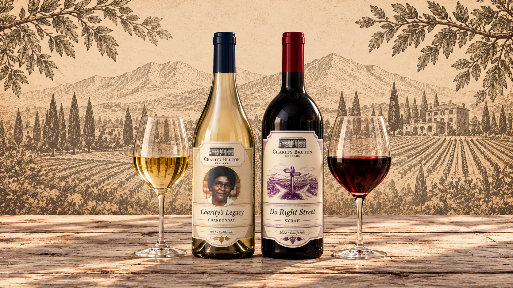 Two wine bottles with a white wine glass and red wine glass on a wooden table, vineyard mural backdrop